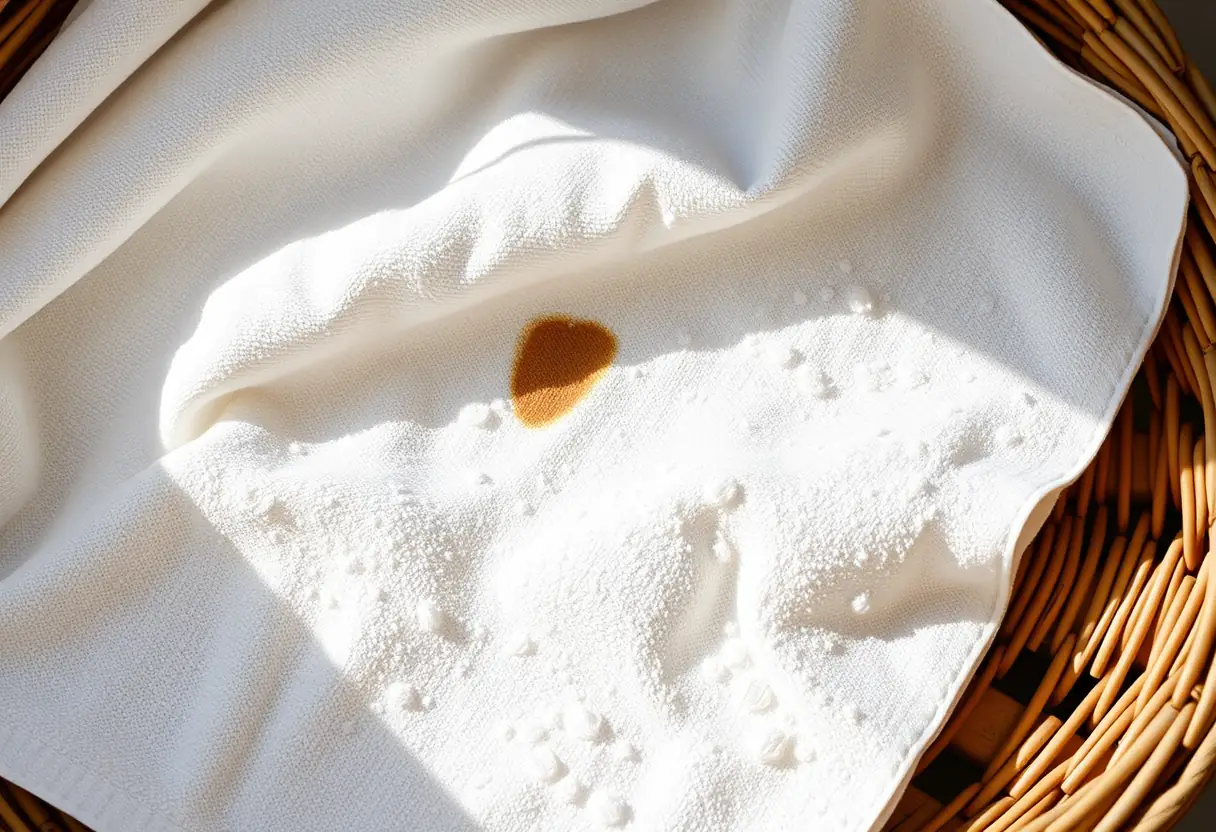 Texte alternatif : un torchon en coton blanc plié sur un panier à linge en bois, avec une tache brune diffuse au centre