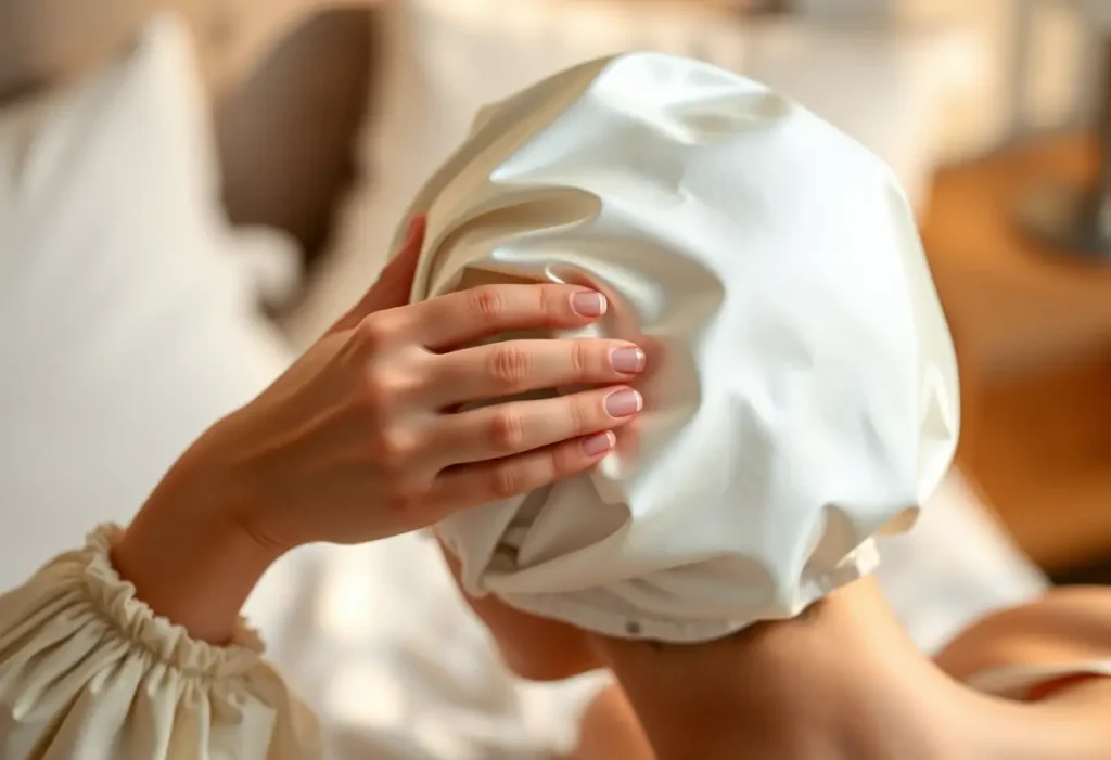 Main de femme ajustant délicatement un bonnet en satin avant de se coucher