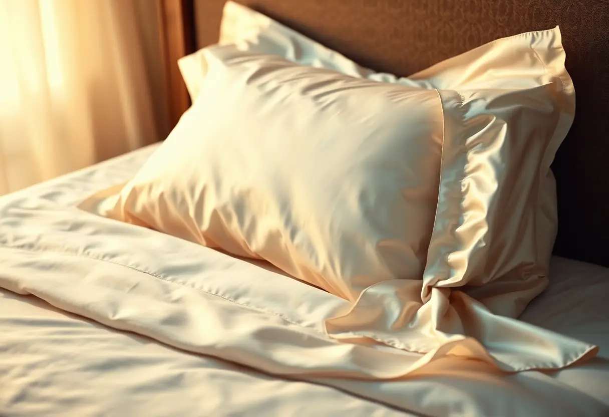 Taie d'oreiller en satin sur un lit avec un bonnet soigneusement plié à côté