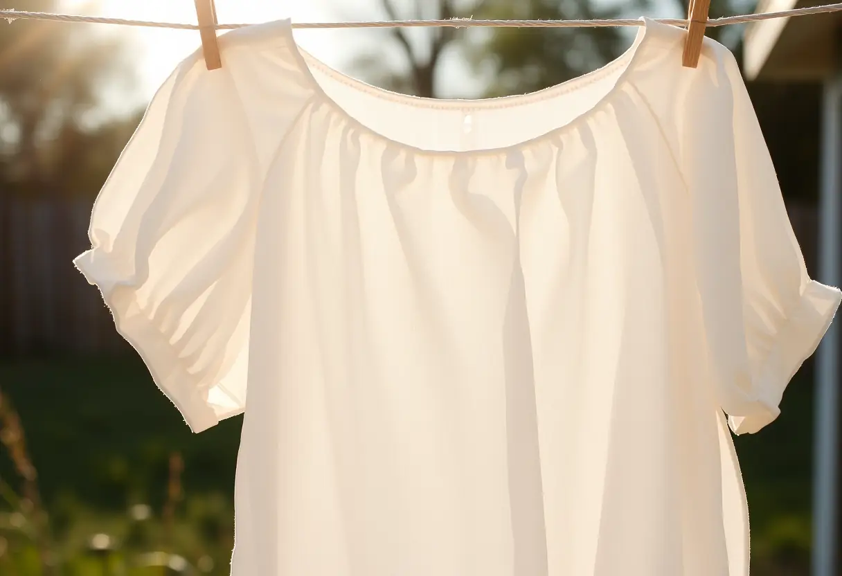 Un haut en coton blanc suspendu sur une corde à linge extérieure sous un soleil levant