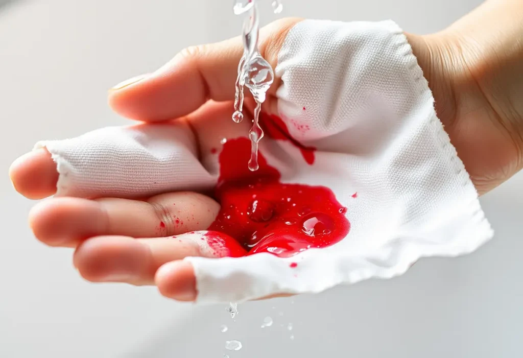 Main d'une personne tenant une serviette en coton maculée de taches de framboises, en train d'être rincée.
