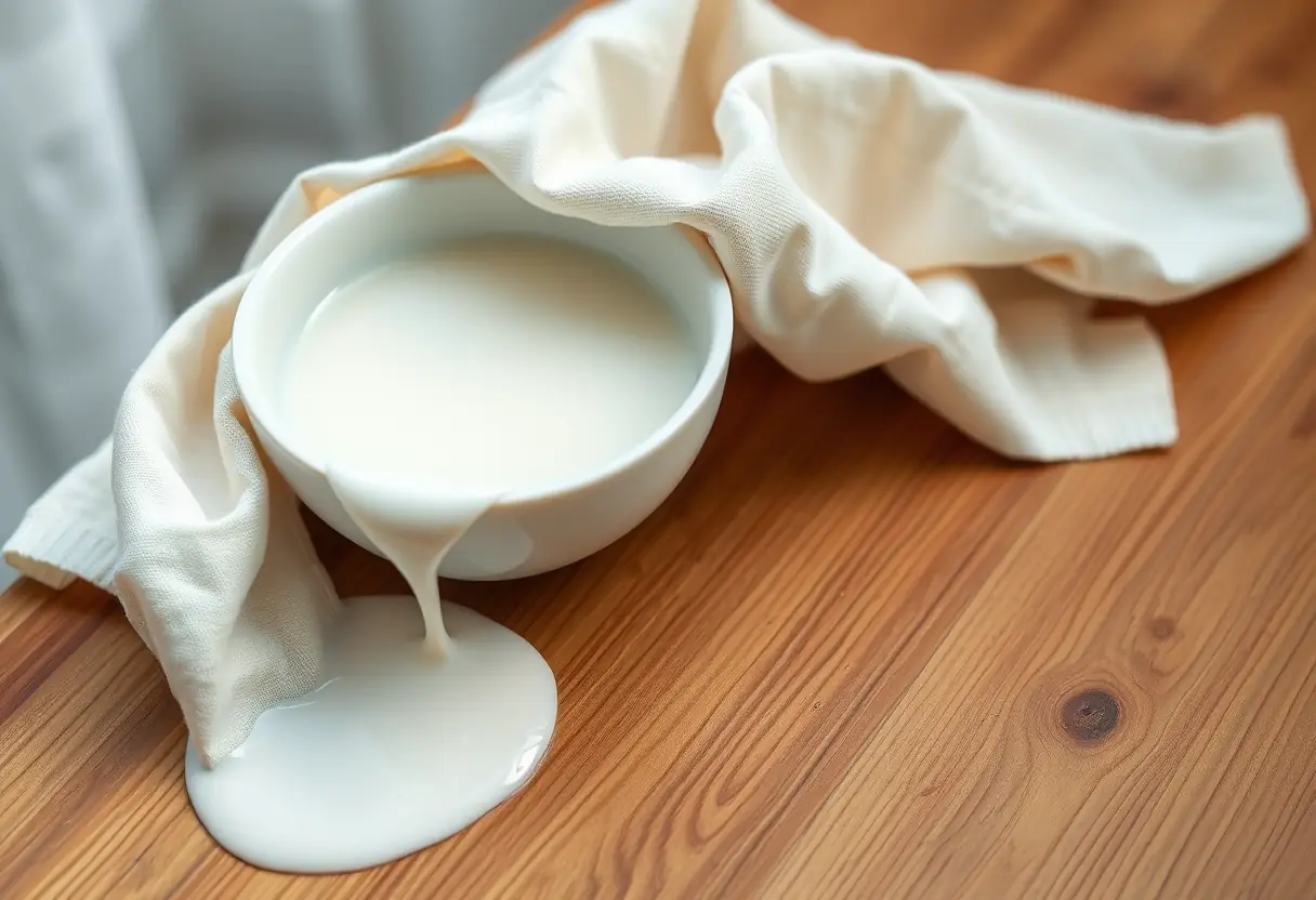 Bol en porcelaine blanche contenant du lait chaud posé sur une table en bois, avec une serviette en coton trempée dans le lait.