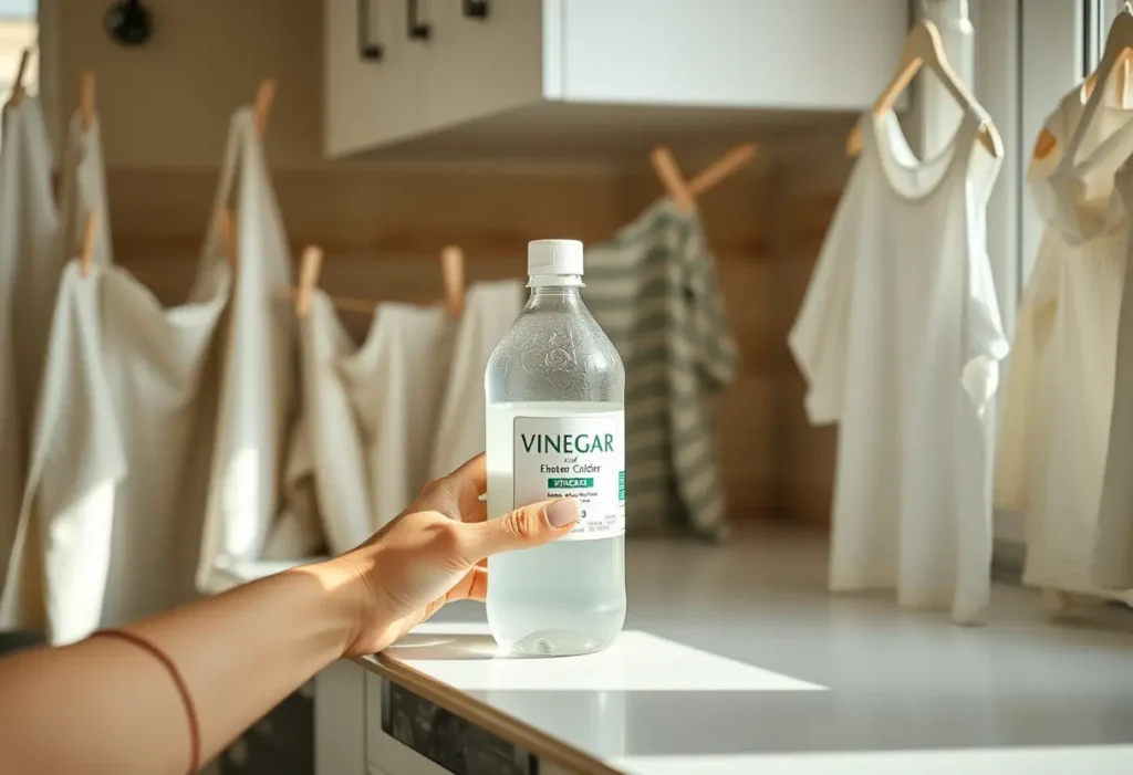 Une main posant une bouteille de vinaigre blanc près du linge à sécher