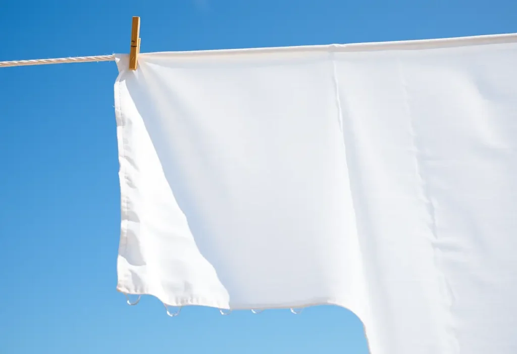 Un torchon en coton blanc pend à une corde à linge à l’extérieur sous un ciel bleu clair. L’article traite des taches de sang sur le coton.