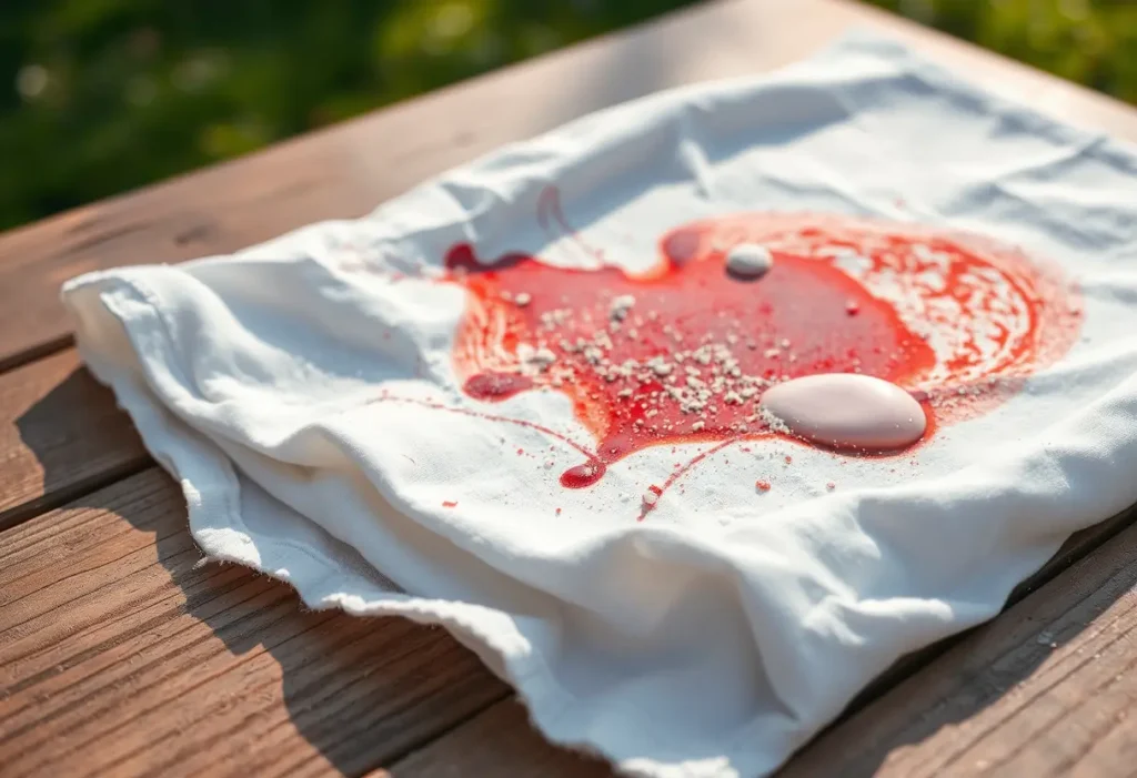 Un torchon de coton taché de sang est saupoudré de bicarbonate de soude sur une table en bois.