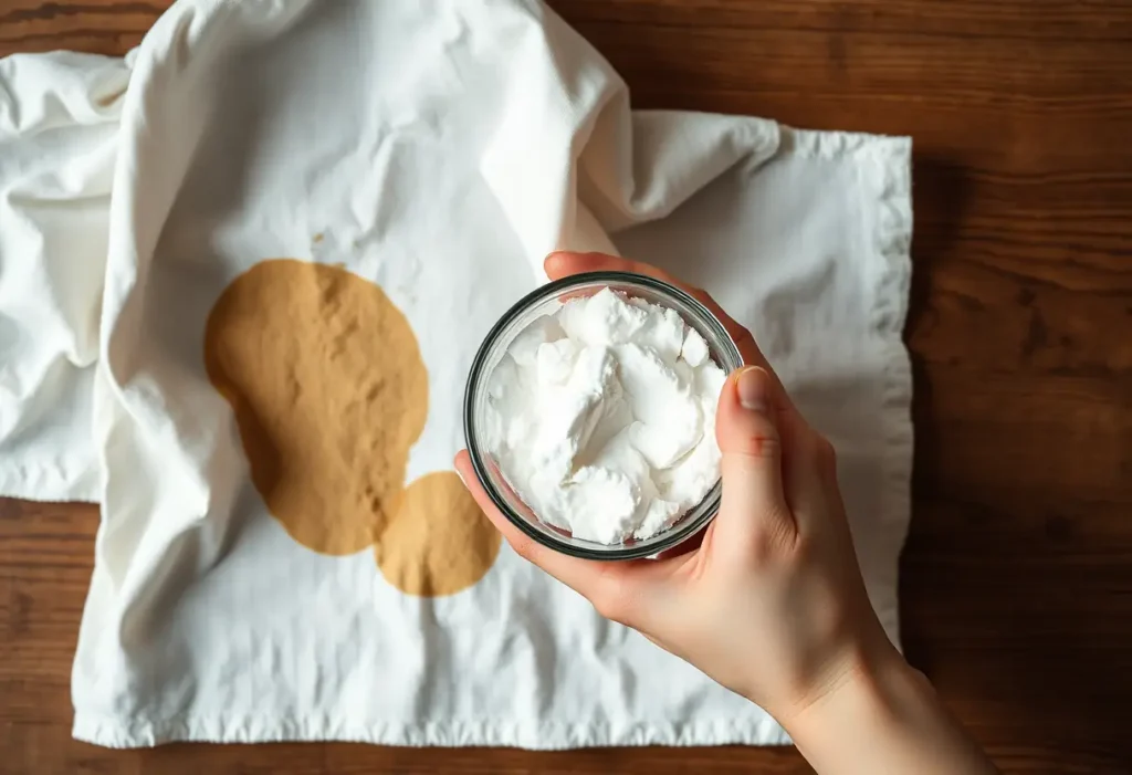 Une main tenant un bol contenant du bicarbonate de soude, près d’un torchon en coton blanc taché sur une table en bois