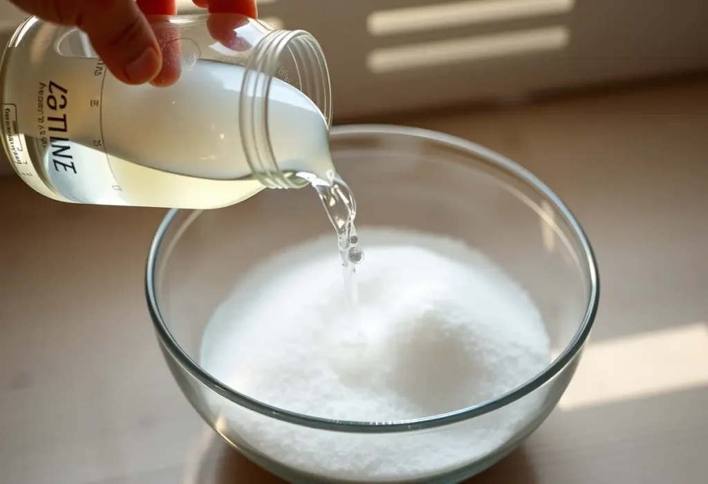Une main verse du vinaigre blanc dans un bol contenant du bicarbonate de soude pour éliminer les taches de transpiration
