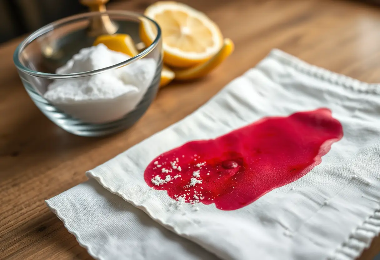 Une serviette blanche avec une tache de vin, posée près d'un bol rempli de bicarbonate de soude et de quartiers de citron