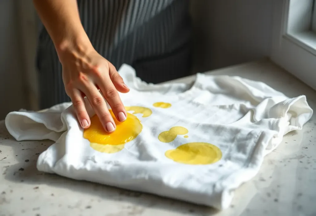 Une main femme frottant une chemise blanche tachée de jaune avec du bicarbonate de soude et du jus de citron en cuisine