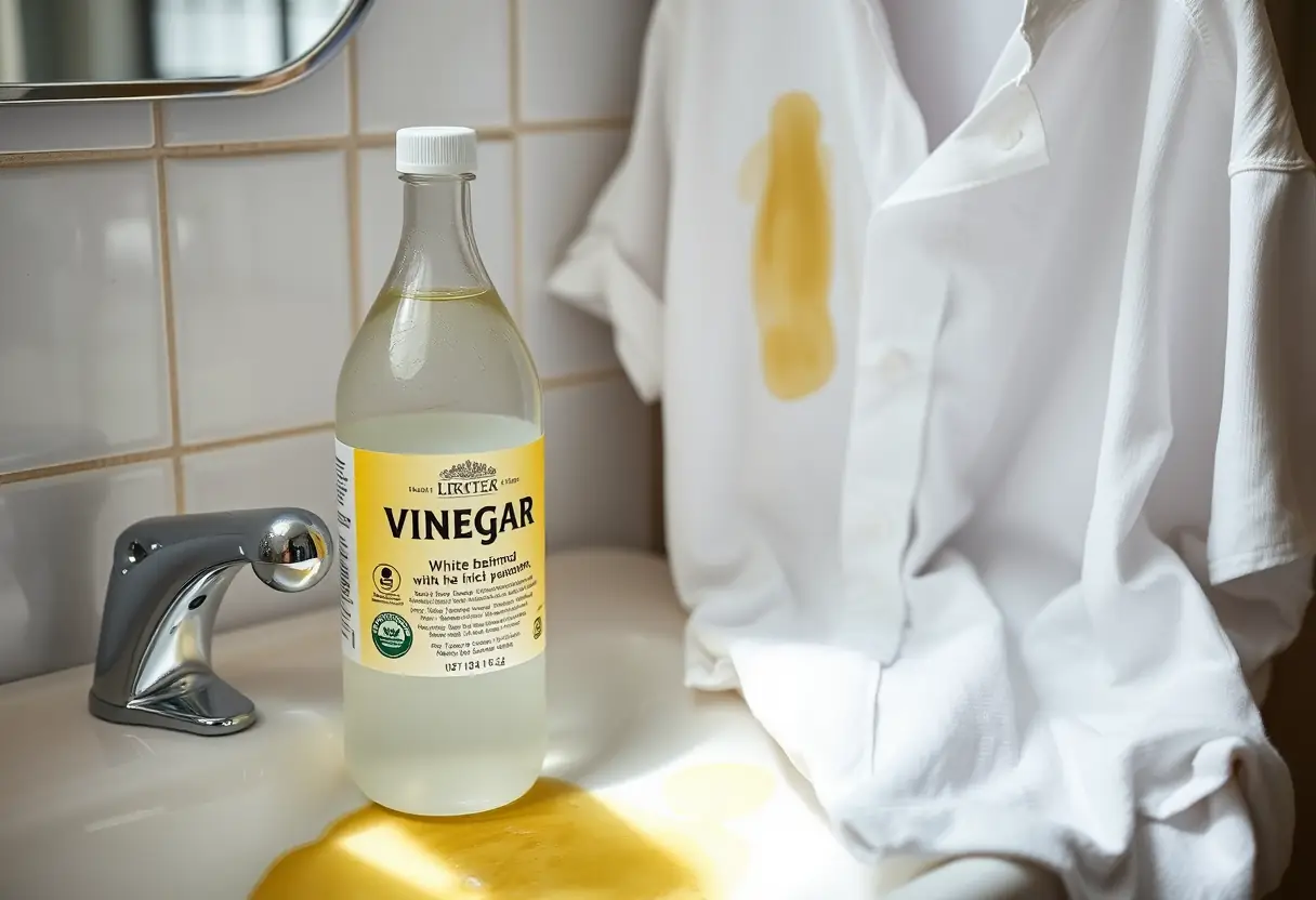 Une bouteille de vinaigre blanc sur une table de toilette près d'une chemise en coton tachée de jaune