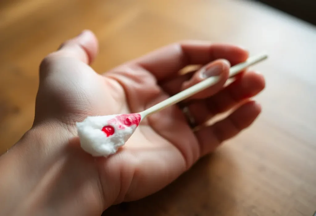 Main: Un coton-tige maculé de sang sur une table