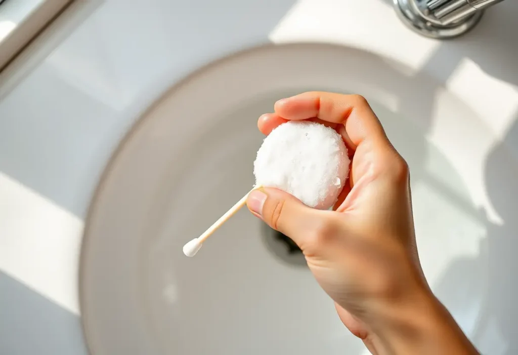 Une main tenant un coton-tige blanc au-dessus d'un lavabo rempli d'eau froide, rappelant la simplicité de nettoyer une tache de sang.