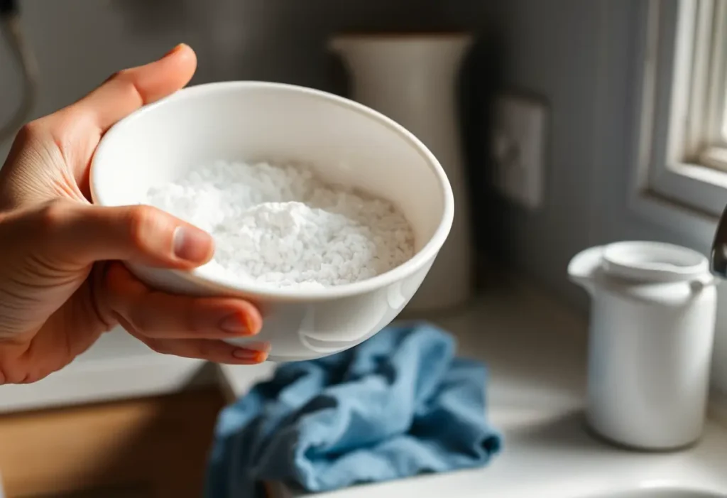 Une main tenant un bol rempli de bicarbonate de soude, dans une cuisine bien éclairée, en lien avec l'entretien personnel.