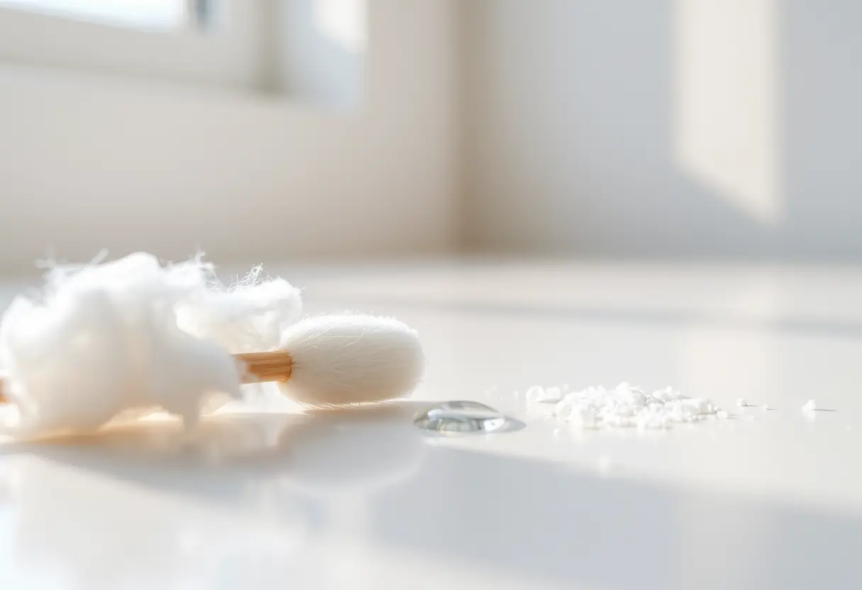 Un swab en coton posé sur une surface propre, avec une goutte d'eau et quelques grains de bicarbonate de soude à proximité, en lien avec l'entretien personnel.