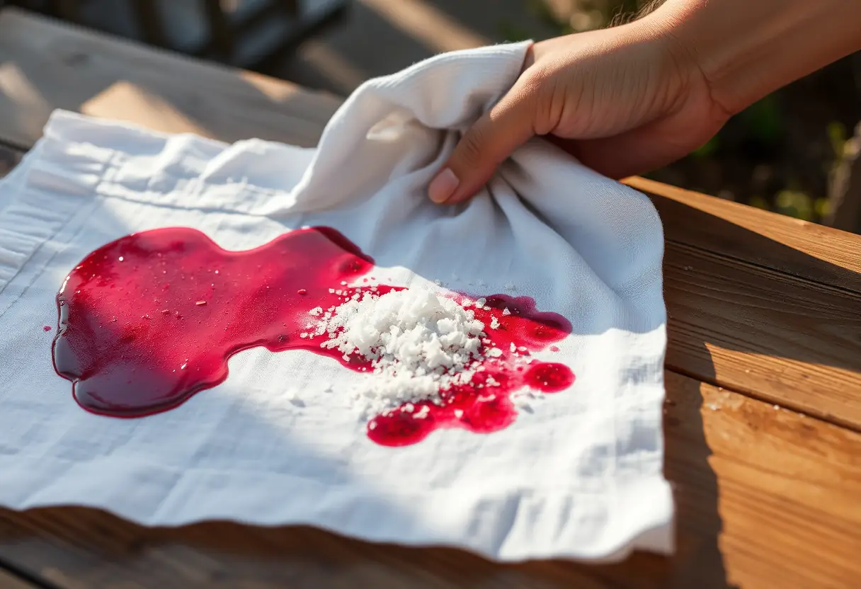 Un morceau de tissu en coton taché de vin rouge avec des cristaux de sel