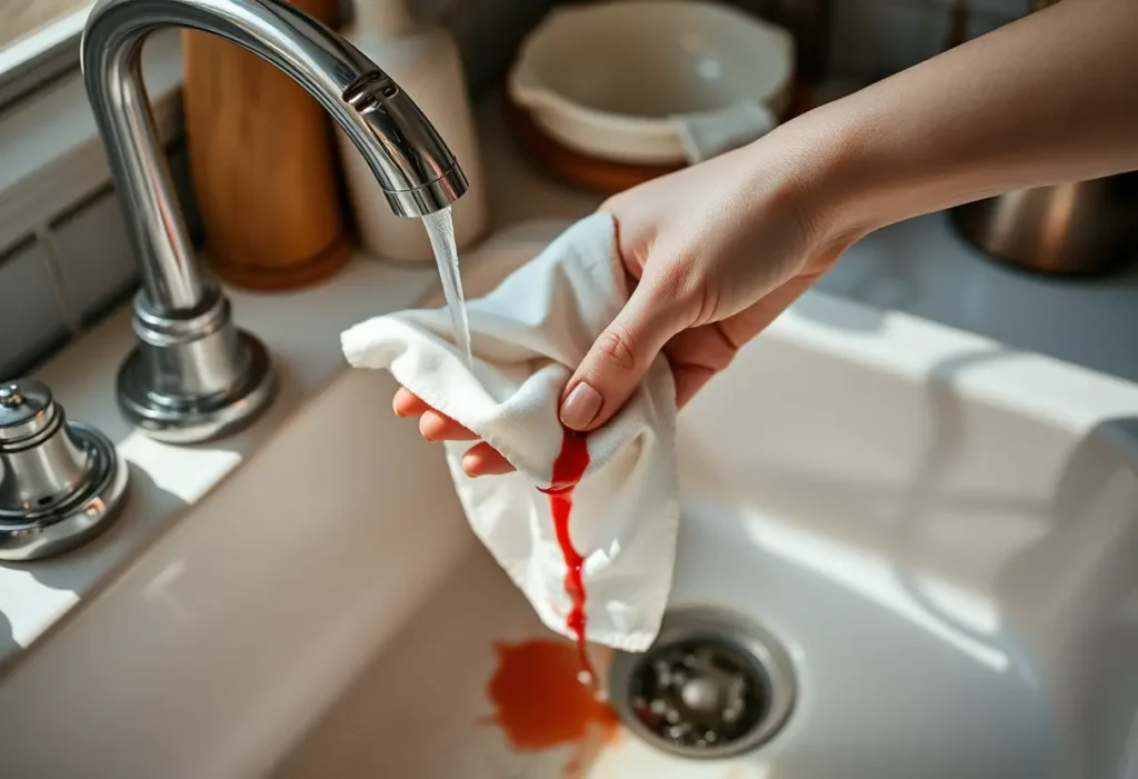 Main: Une main féminine nettoie un tissu ensanglanté sous l'eau courante.