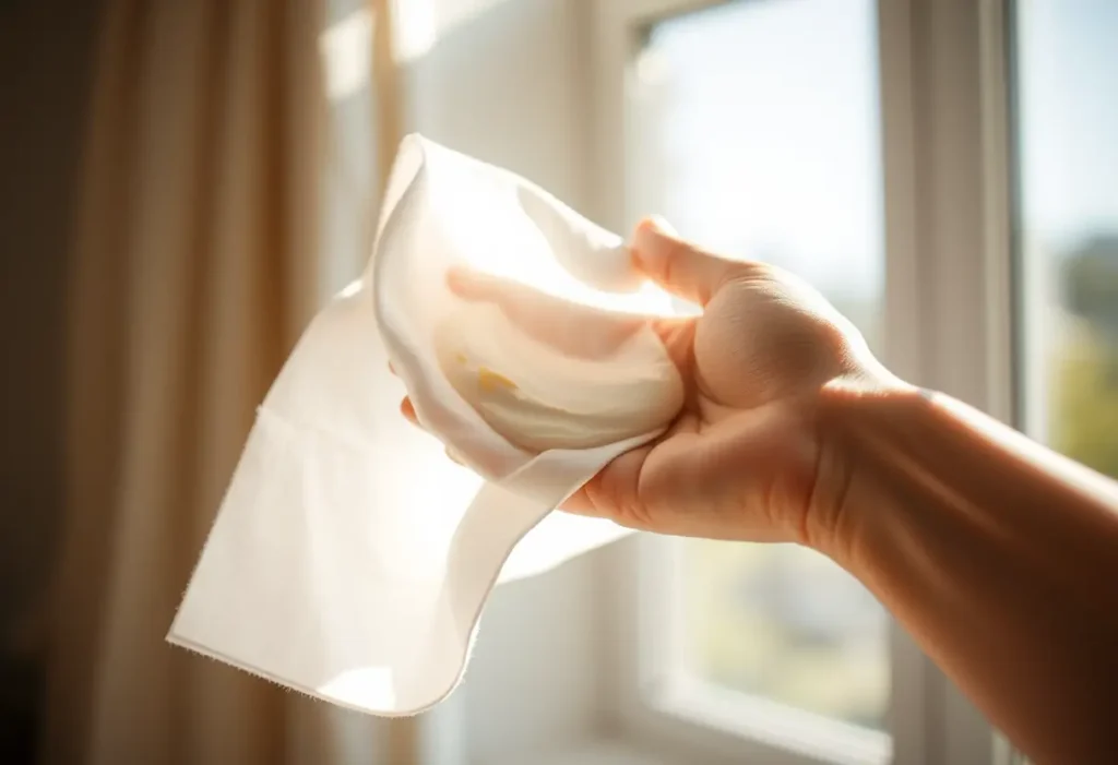 Main: Un morceau de coton blanc maculé de crème solaire sous une lumière douce