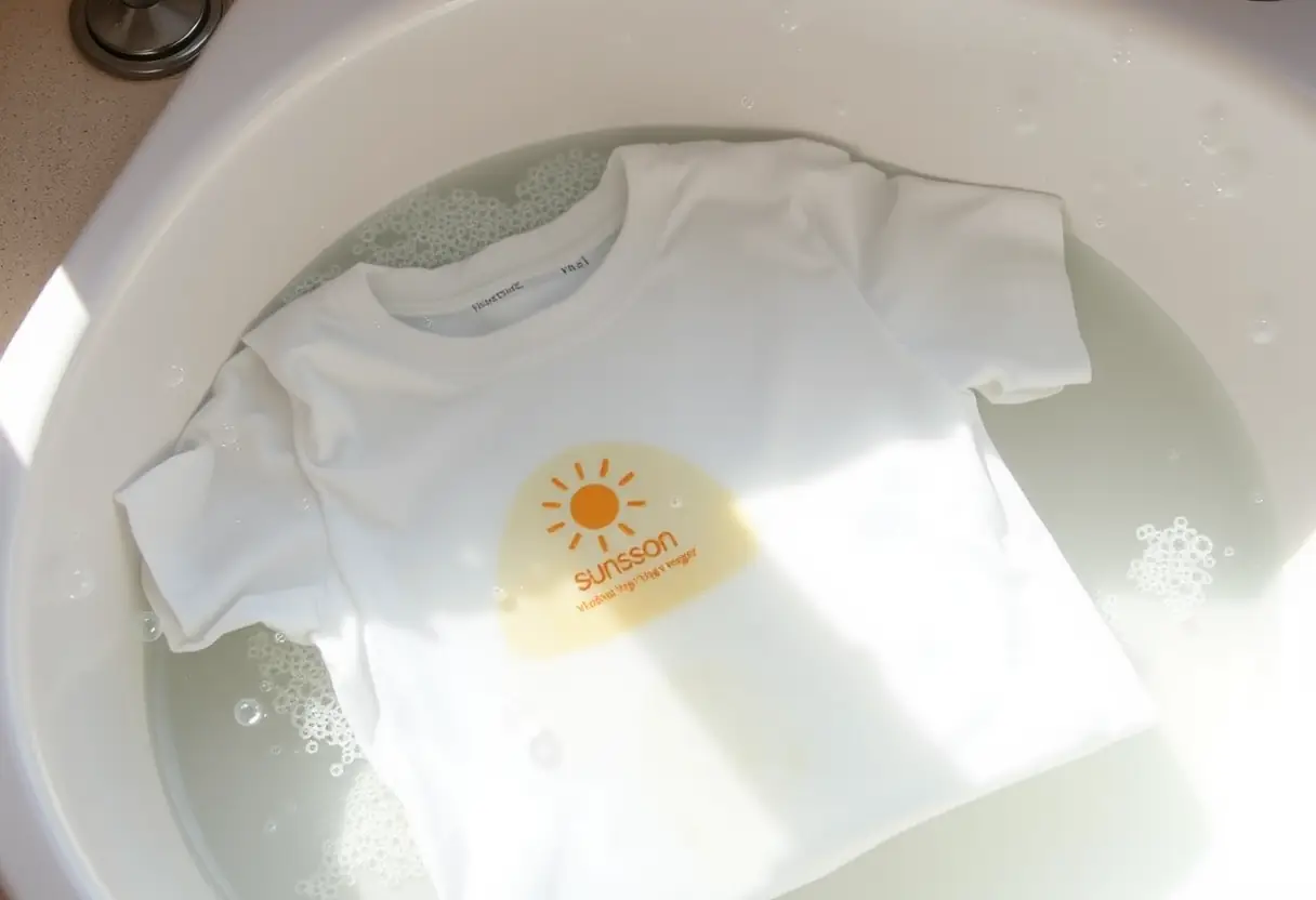 Alt text: Un coton t-shirt blanc plongé dans une solution de bicarbonate et de vinaigre blanc