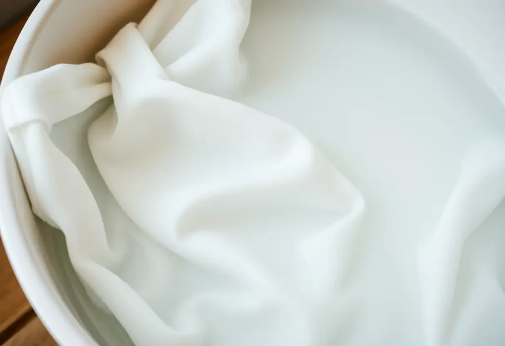 Plan rapproché d'un lavabo rempli d'eau froide où trempent les fibres d'une chemise en coton.