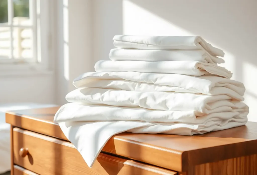 Un tas de draps blancs propres pliés sur une commode en bois dans une chambre baignée de lumière naturelle.