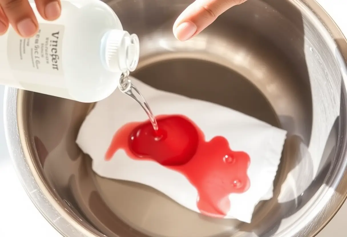Une main versant du vinaigre blanc sur un tissu en coton blanc plongé dans un récipient métallique pour éliminer une tache de sang.