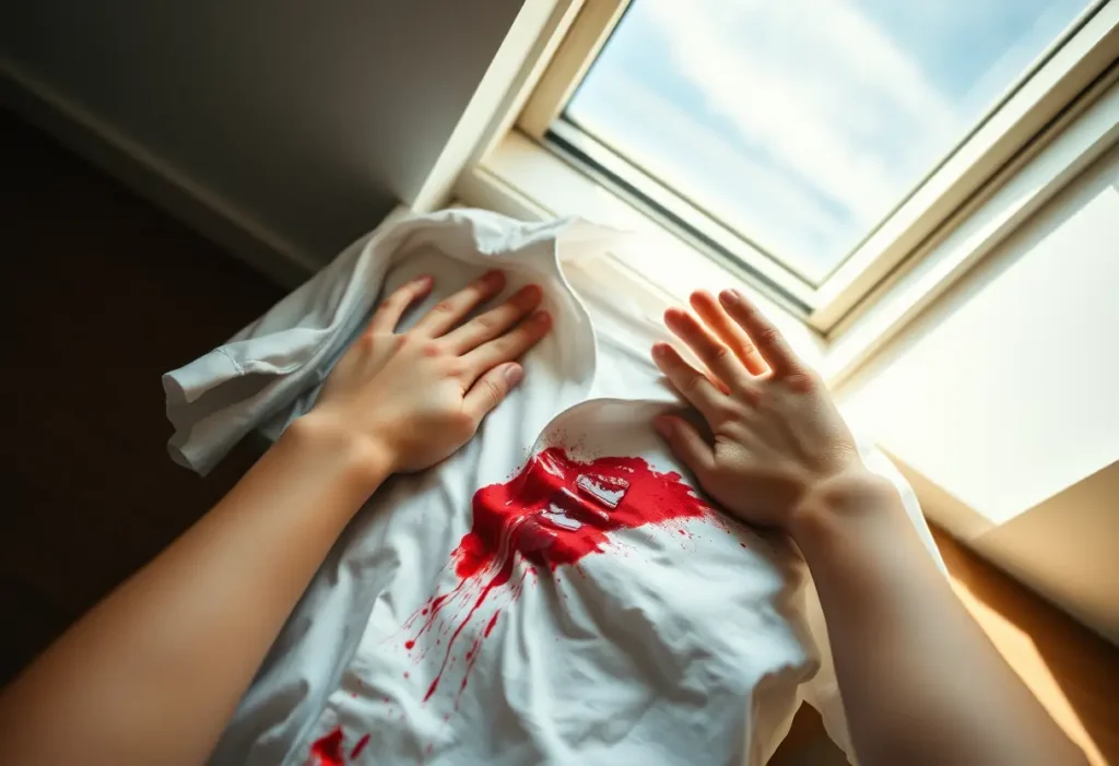 Une femme utilise ses mains pour frotter délicatement un tee-shirt en coton taché de sang, éclairé par une verrière