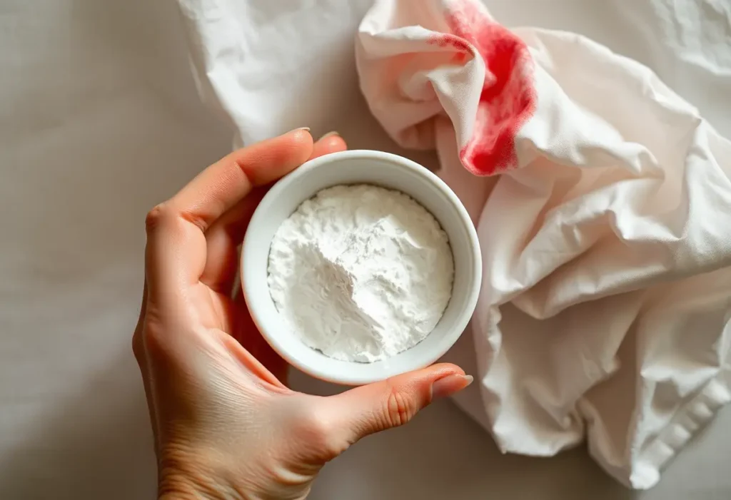 Mains tenant un bol avec du bicarbonate de soude près d’un tissu coton taché de sang