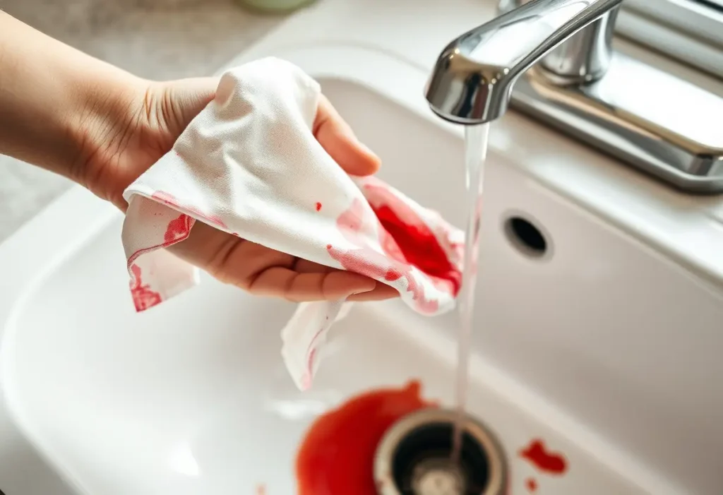 Une main tient un tissu en coton blanc taché de rouge, en train de l'essorer délicatement sous un robinet d'eau froide dans une évier de cuisine.