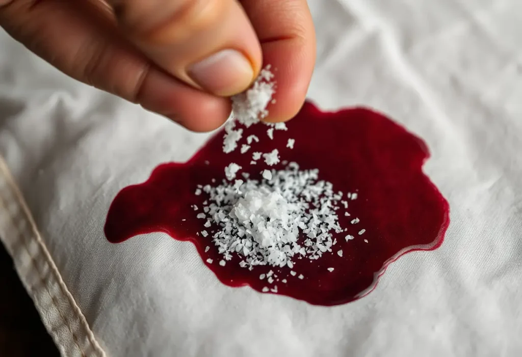 Une main verse du gros sel sur une tache de vin sur un tissu en coton, pour la nettoyer