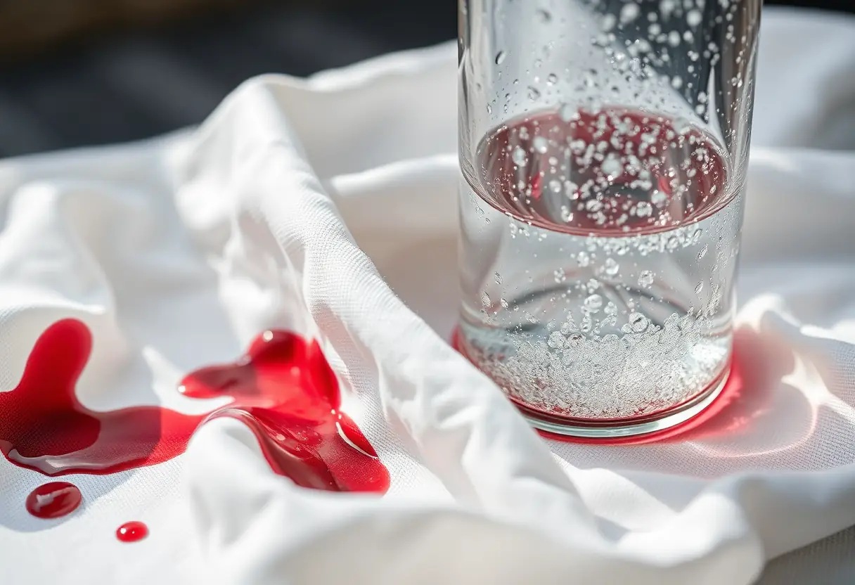 Un bocal de verre contenant de l'eau gazeuse à côté d'un tissu en coton maculé de vin rouge