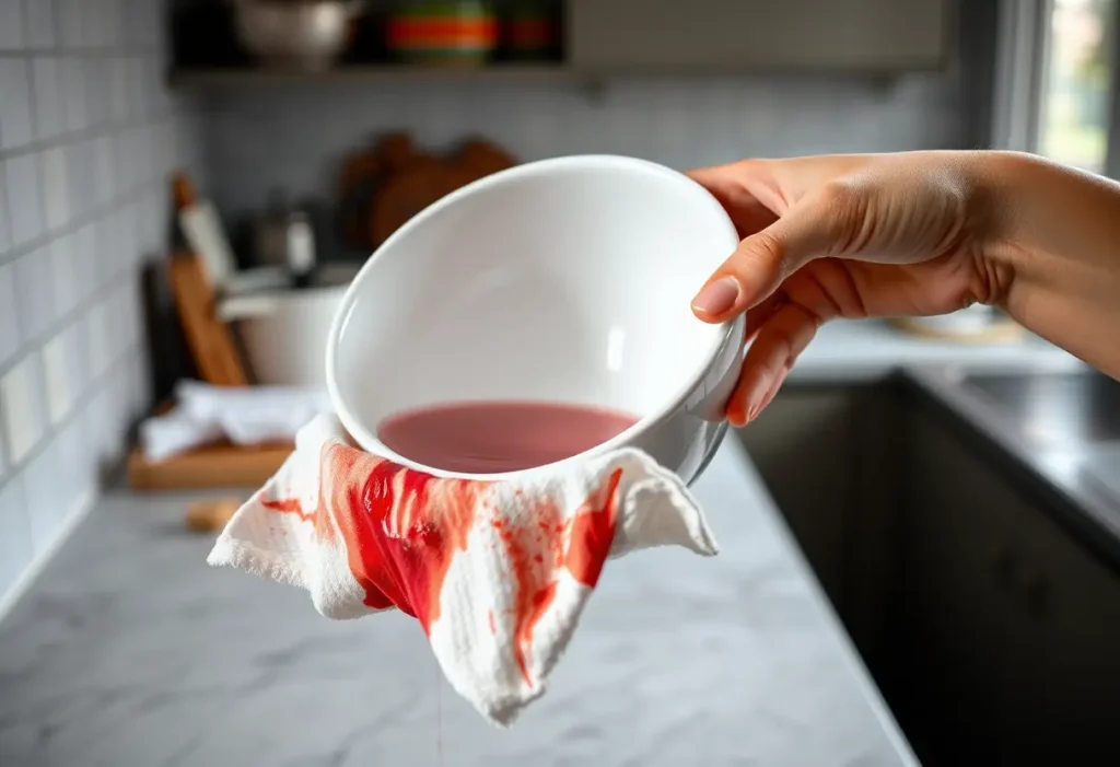 Mainteint dans l'eau froide, un chiffon de coton maculé de sang.