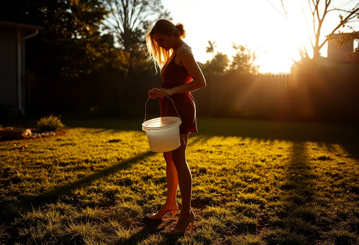 Silhouette d'une femme tenant un seau avec une pâte de bicarbonate dans un jardin, lumière du matin