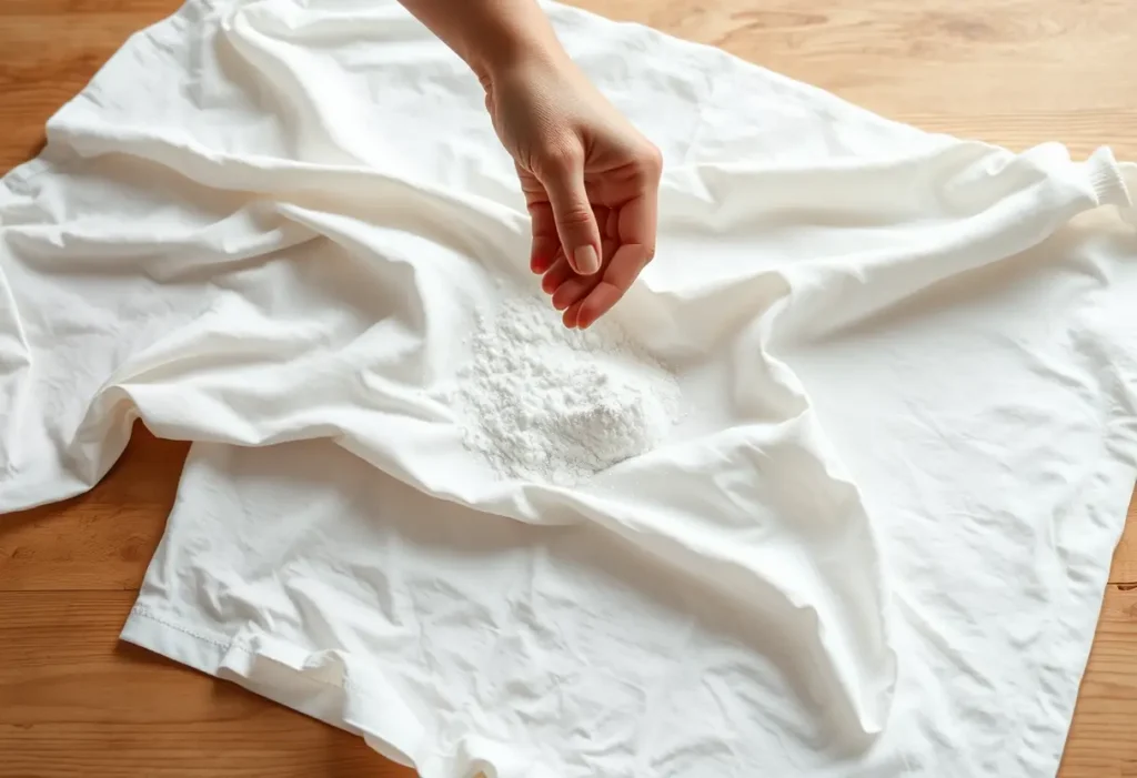 Une main verse du bicarbonate de soude sur un tee-shirt blanc, éclairé naturellement