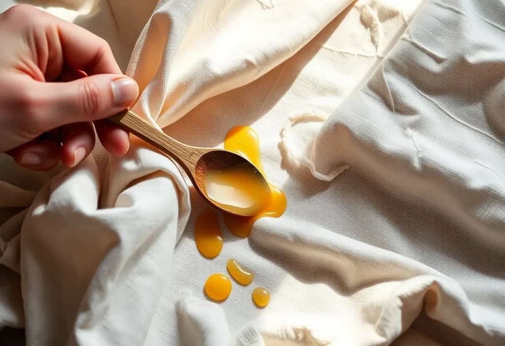 Main focus : une main retire la cire restante d'un tissu en coton