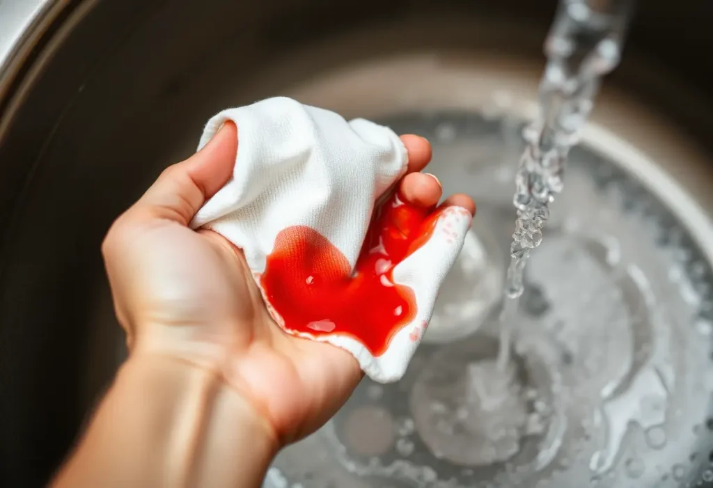 Main de femme en train de rincer un vêtement taché de fraise sous l'eau froide.