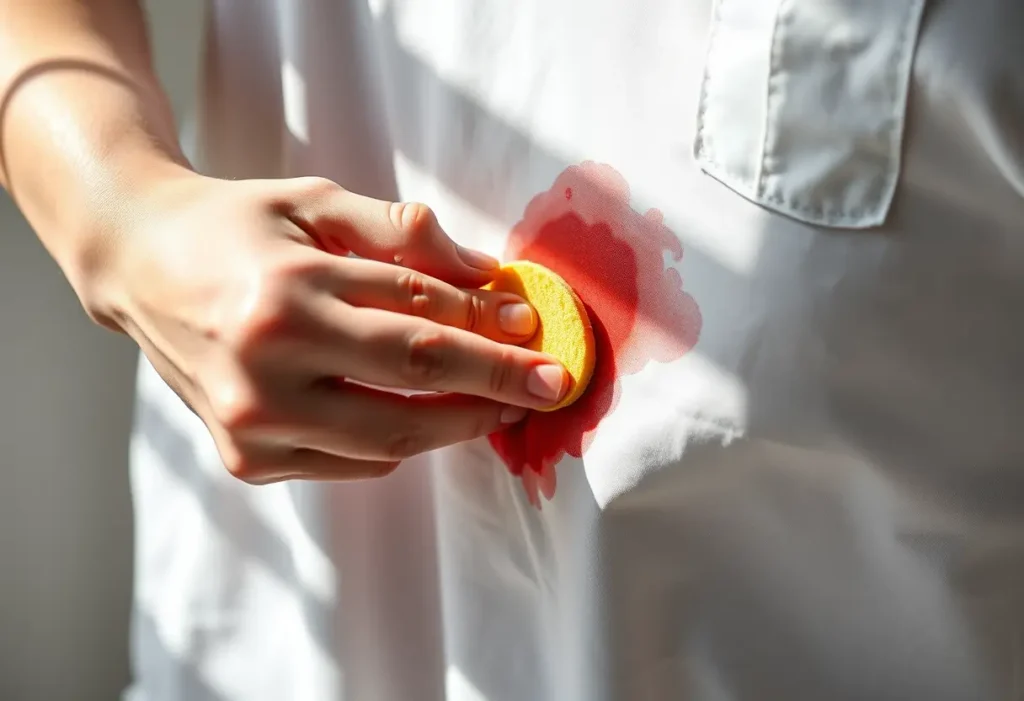 Main du soignant en train d'essuyer délicatement une tache sur un vêtement, lien avec l'article sur les taches de fraise.