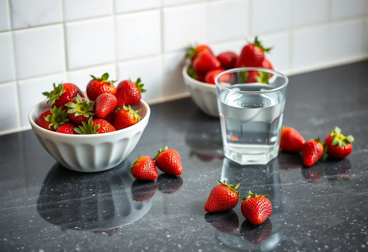 Comptoir de cuisine avec un bol de fraises et une tasse d'eau, rappelant l'importance de traiter rapidement les taches de fraise.