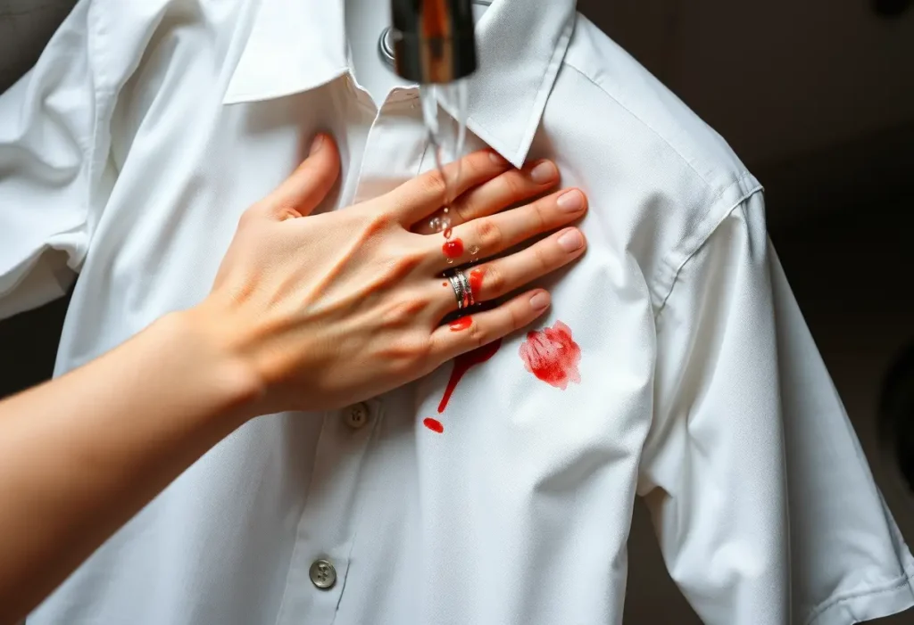 Main dans une blouse avec tache de fruit rouge, eau qui coule