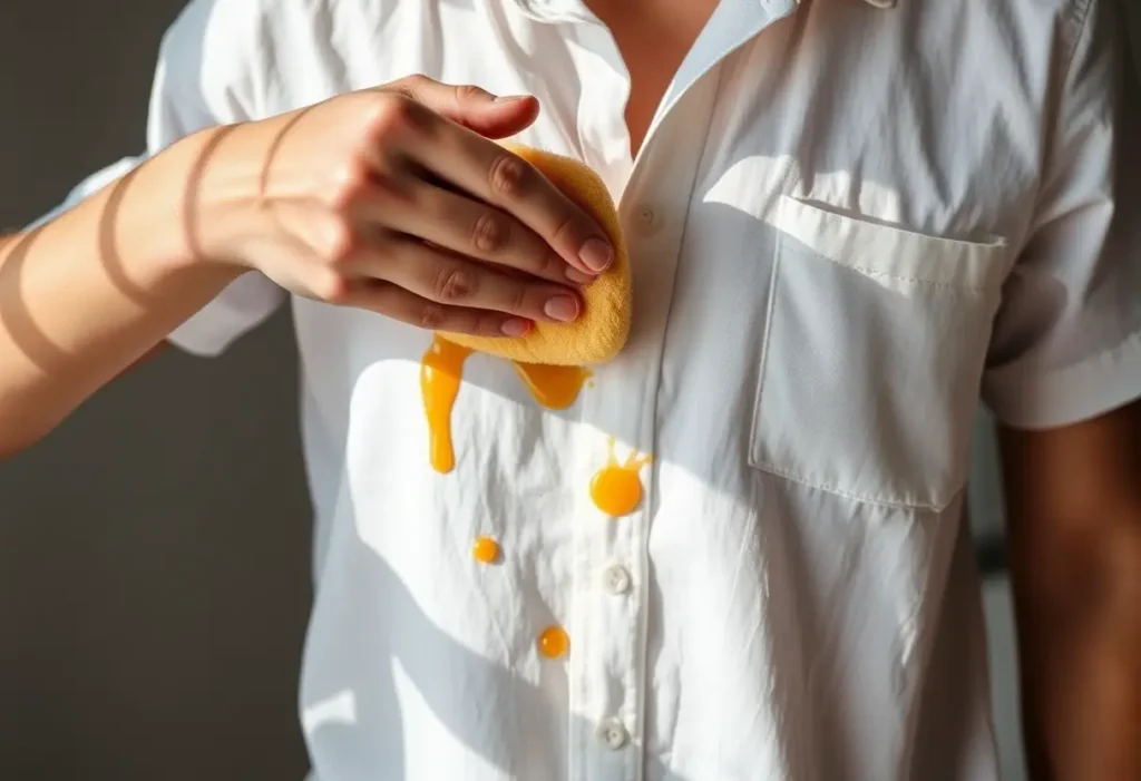 Main : Une main essuie délicatement une tache de fruit sur un t-shirt en coton.