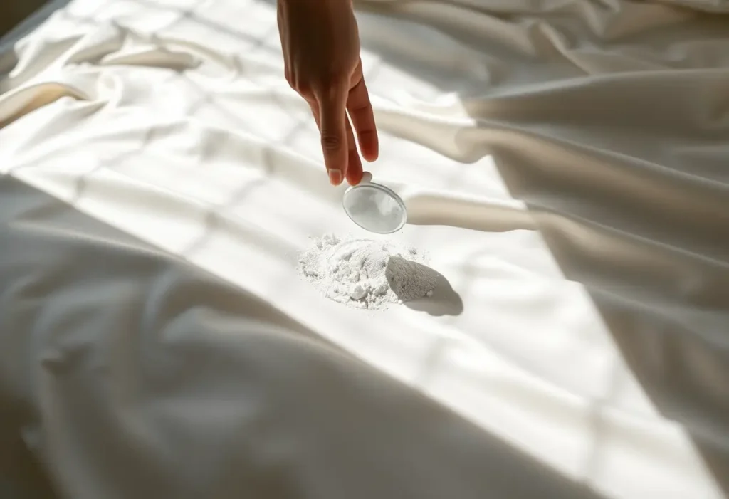 Une main féminine répand de la poudre de talc sur un coussin en satin, soulignant la douceur du tissu.