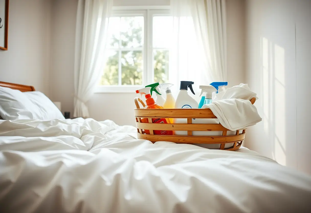 Vue d’une chambre avec un couvre-lit en satin blanc partiellement recouvert par un panier à linge contenant des produits nettoyants.