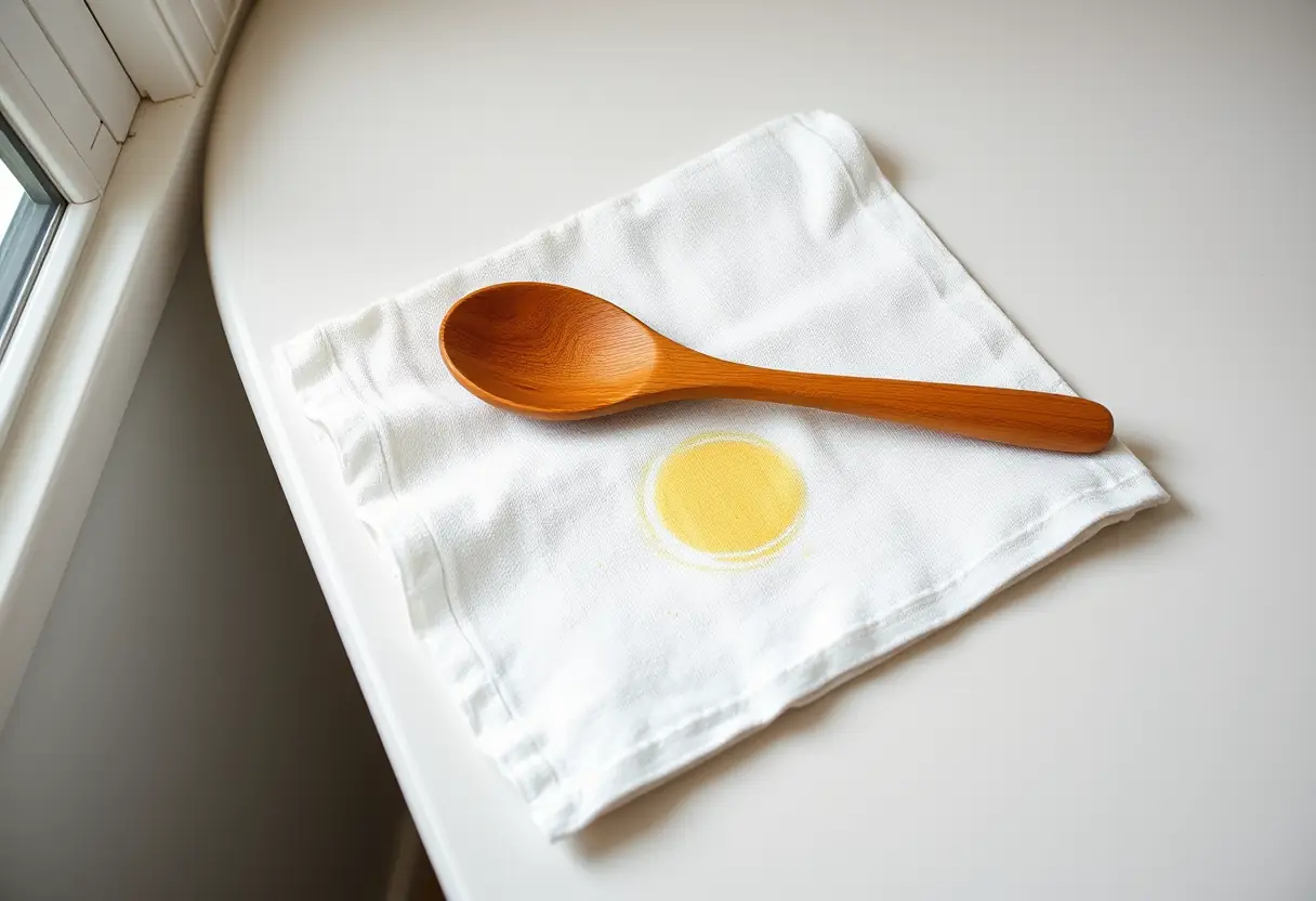Image alternative : Un torchon en coton avec une tache jaunâtre dans la cuisine