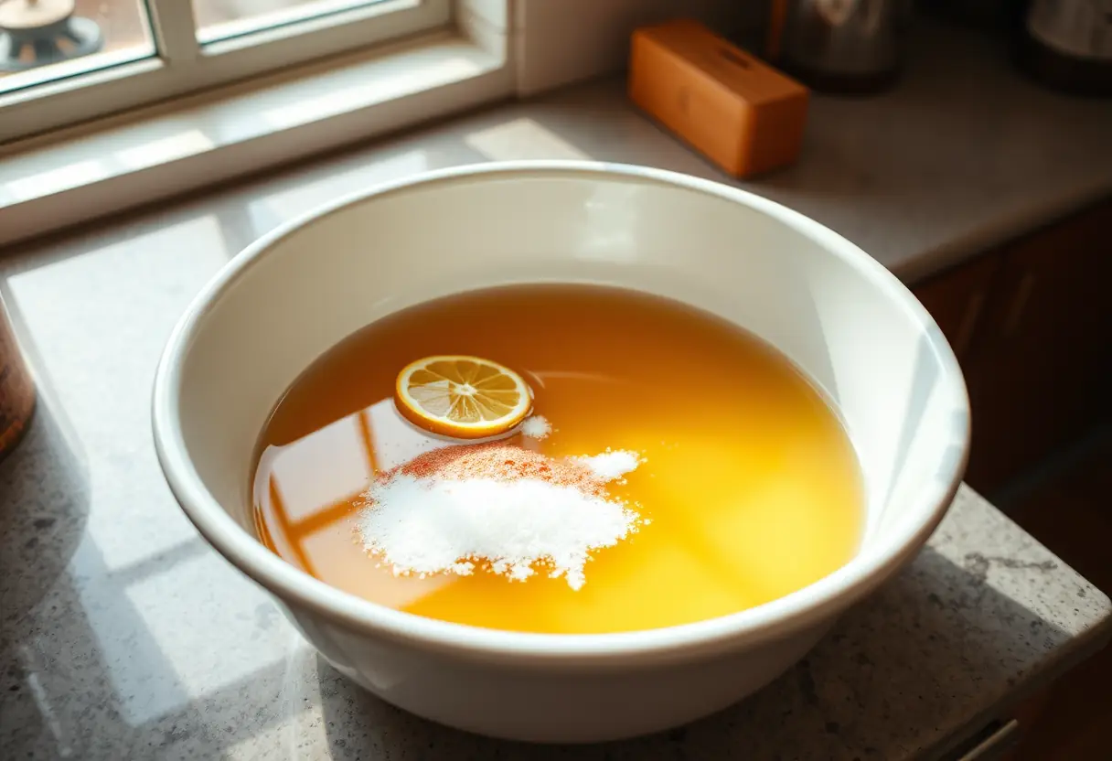 Bassin rempli de solution au sel et citron sur un plan de travail de cuisine, utilisée pour enlever les taches anciennes de sang