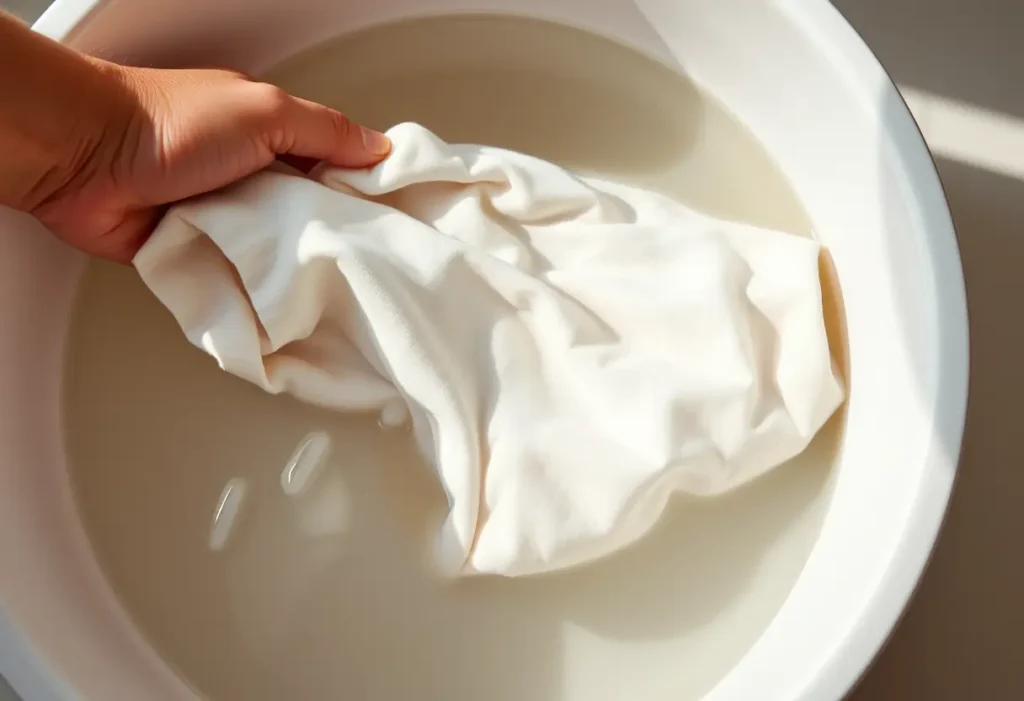 Une main plonge un t-shirt en coton dans un seau d'eau froide, absorbant lentement l'eau.