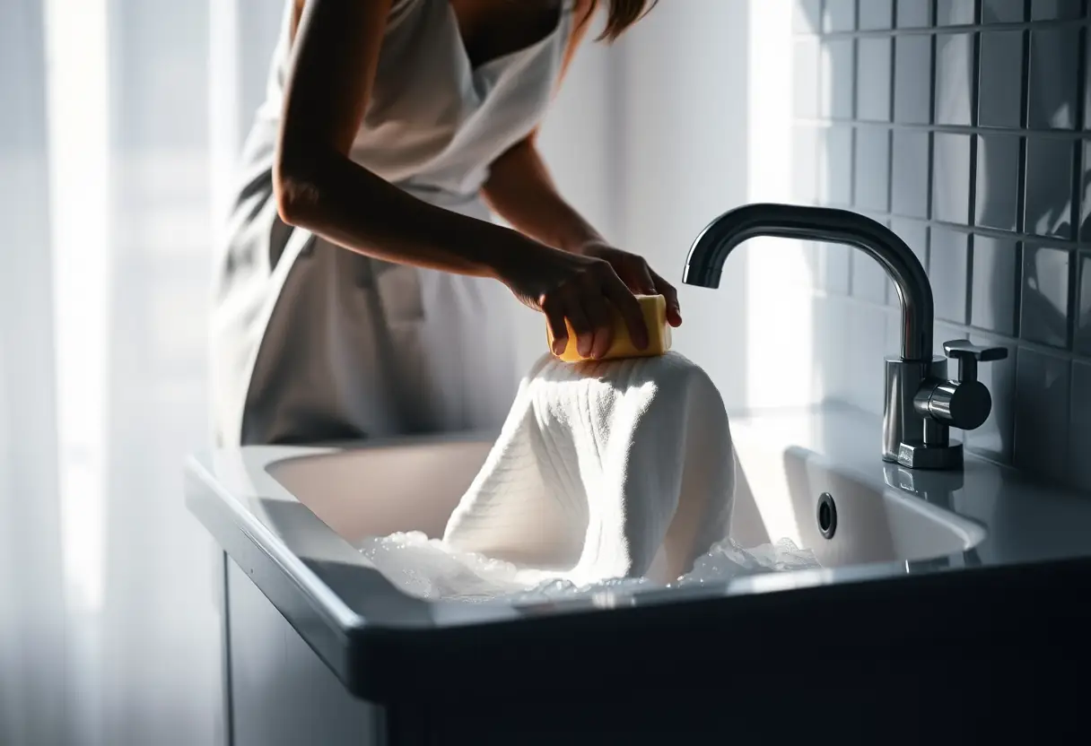 Un silhouetté nettoie une serviette en coton blanche dans un lavabo avec du savon de Marseille.