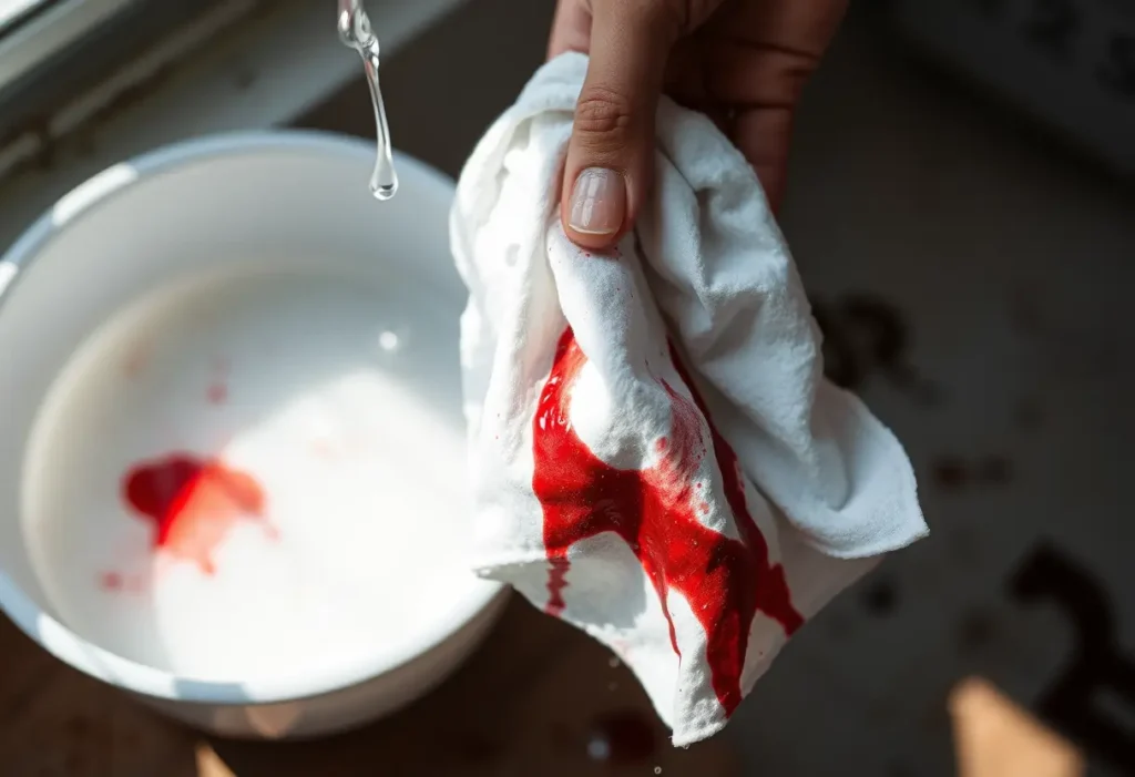 Main d'une personne tenant un morceau de coton blanc taché de sang, avec un bol de solution saline à côté, processus de nettoyage