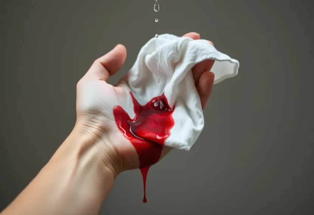 Un morceau de coton blanc taché de sang est nettoyé avec de l'eau froide