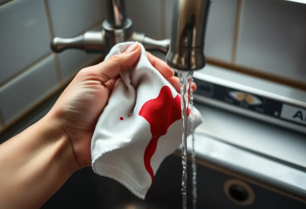 Main dans un lavabo, essuyant une tache de sang sur un chiffon blanc, article sur le nettoyage des taches