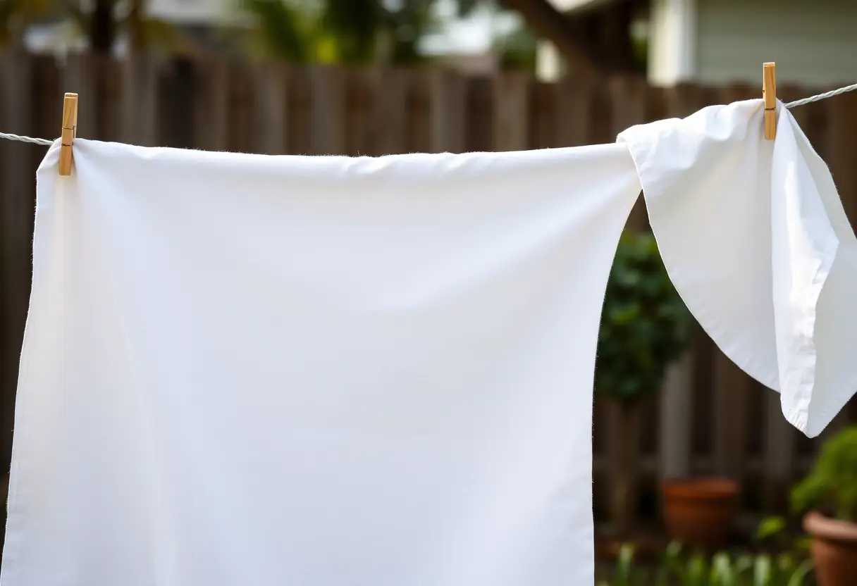 Serviette blanche accrochée à une corde à linge, gouttes d'eau restant après avoir été nettoyée