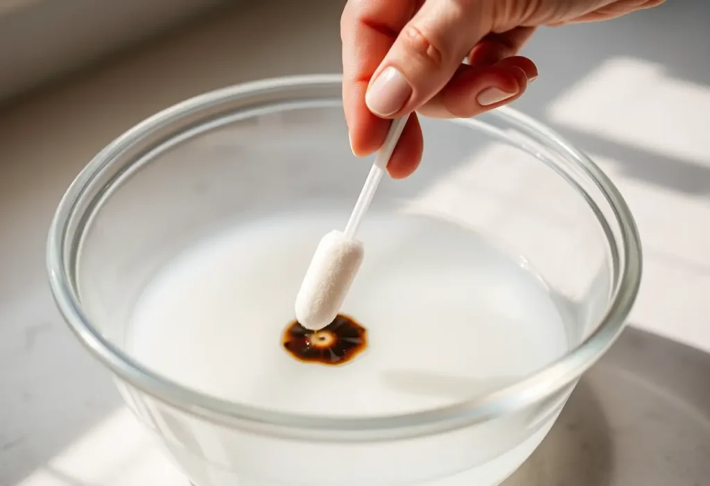 Un coton-tige taché posé sur une solution de vinaigre et de bicarbonate de soude
